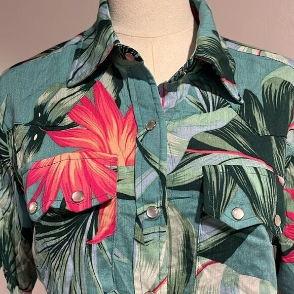 Free People NWT Sandrine Rose Hawaii luau floral snap button top turquoise XS - Picture 2 of 8
